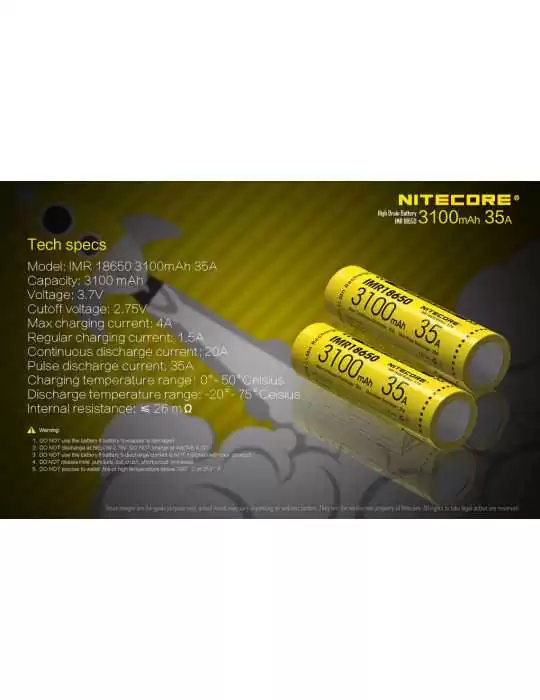 IMR3100 3100mAh 35A flat top 18650 battery for vape x 2–NITECORE BELUX