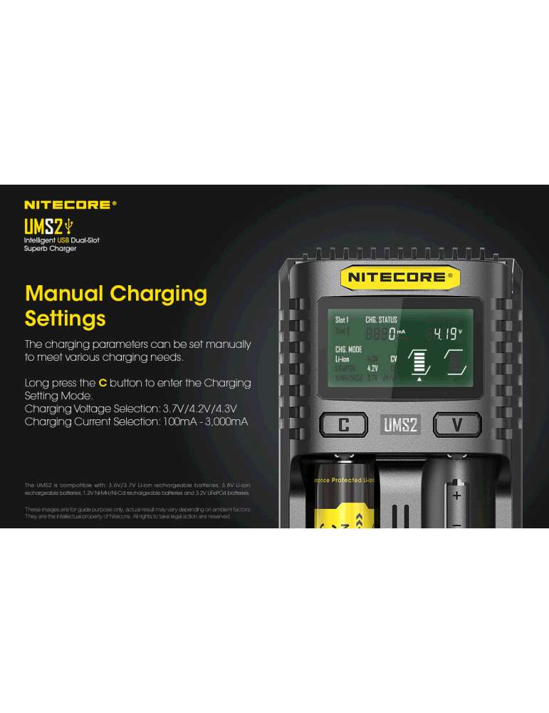 UMS2 chargeur rapide double pour batterie 18650 et 21700