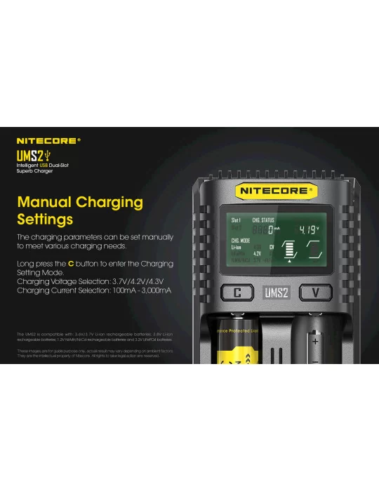 UMS2 dubbele snellader voor 18650 en 21700 batterij–NITECORE BELUX
