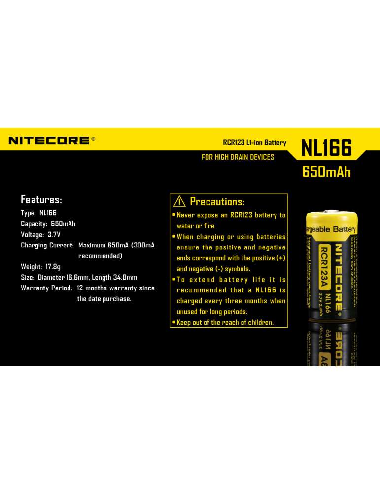 NL166 batterie CR123 lithium rechargeable 650mAh