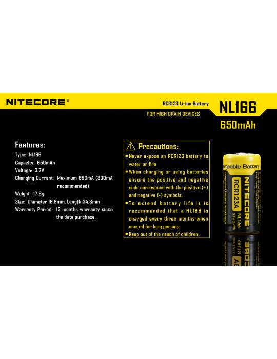 NL166 CR123 oplaadbare lithiumbatterij 650mAh