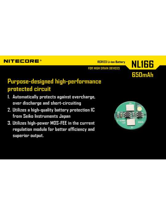 NL166 batterie CR123 lithium rechargeable 650mAh