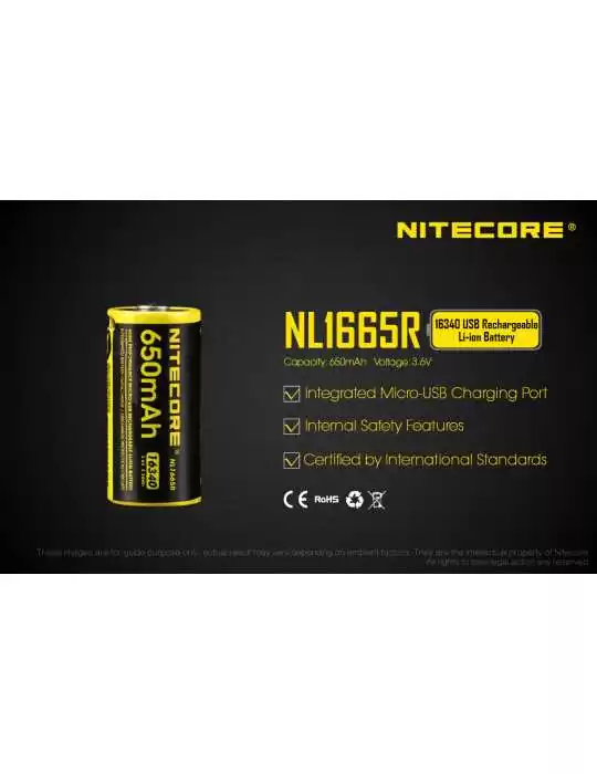 NL1665R batterie CR123 lithium rechargeable USB 650mAh–NITECORE BELUX