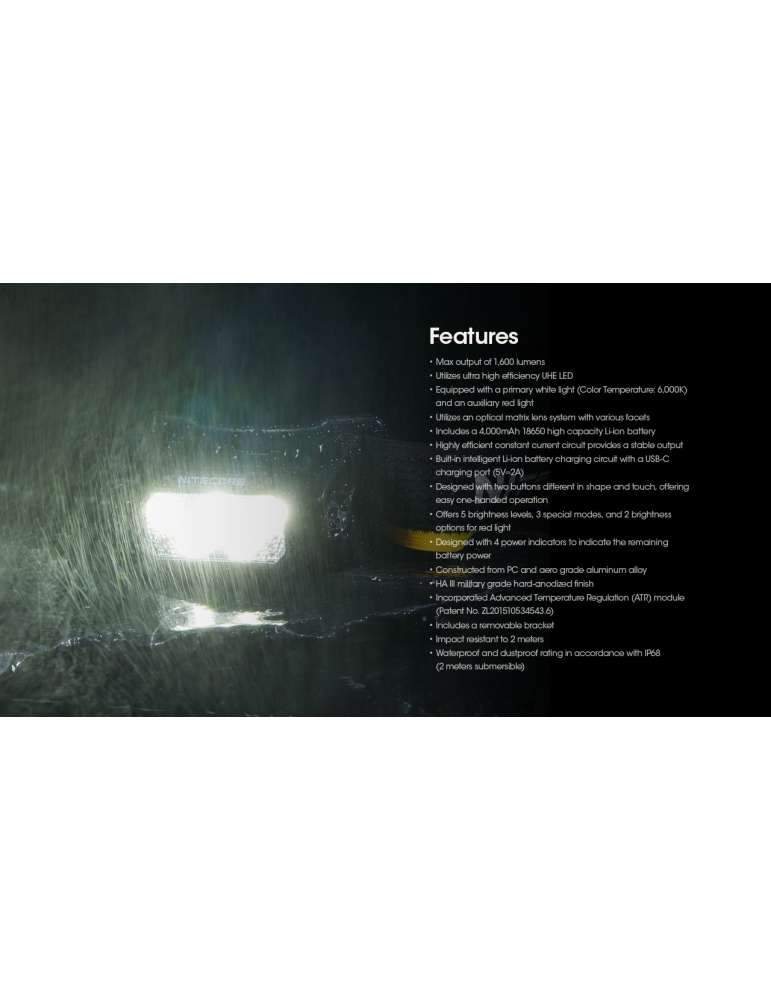 HC60 UHE lampe frontale 1600LM USB C surface illuminée élevée