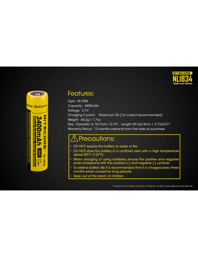 NL1834 18650 lithium battery 3400mAh rechargeable