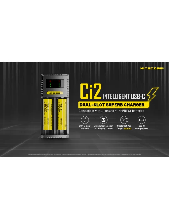 Ci2 charger 2 slot USB C 3000mA 18w for 21700 18650 AA AAA CD–NITECORE BELUX