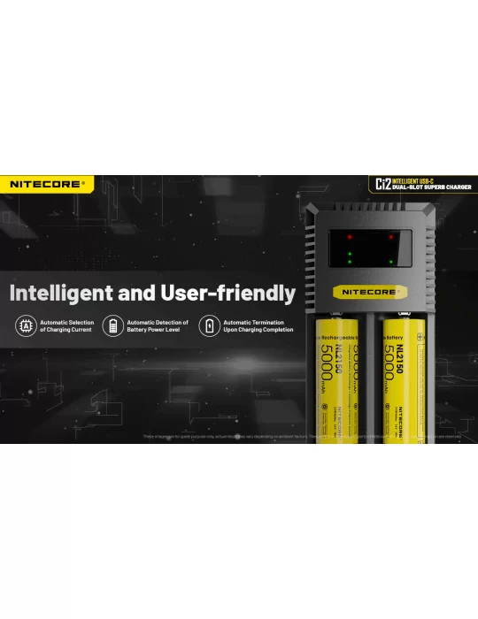 Ci2 chargeur 2 slot USB C 3000mA 18w pour 21700 18650 AA AAA C D–NITECORE BELUX