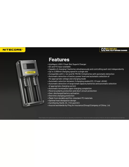 Ci2 chargeur 2 slot USB C 3000mA 18w pour 21700 18650 AA AAA C D–NITECORE BELUX