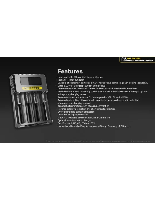 Ci4 chargeur 4 slot USB C 3000mA 18w pour 21700 18650 AA C D–NITECORE BELUX