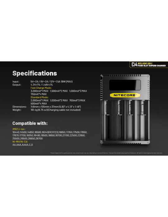 Ci4 chargeur 4 slot USB C 3000mA 18w pour 21700 18650 AA C D