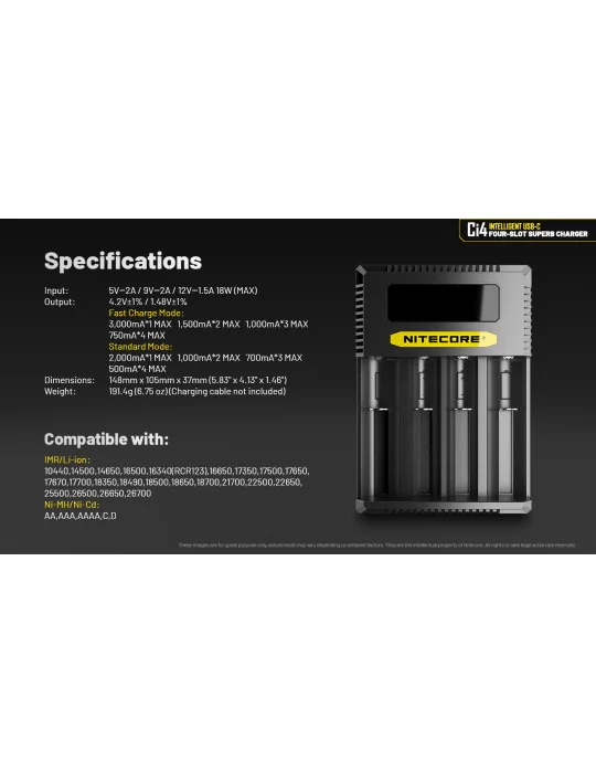 Ci4 chargeur 4 slot USB C 3000mA 18w pour 21700 18650 AA C D–NITECORE BELUX