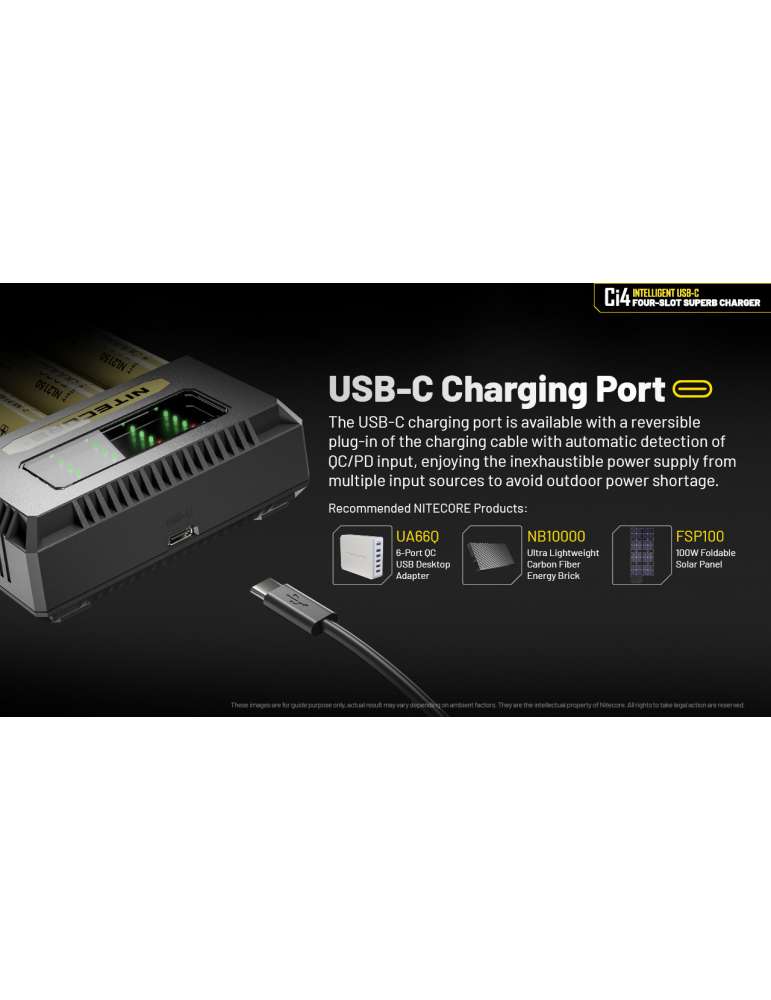 Ci4 chargeur 4 slot USB C 3000mA 18w pour 21700 18650 AA C D