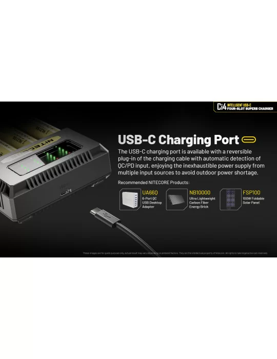 Ci4 chargeur 4 slot USB C 3000mA 18w pour 21700 18650 AA C D–NITECORE BELUX