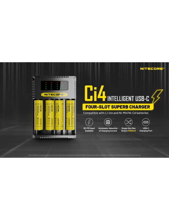 Ci4 chargeur 4 slot USB C 3000mA 18w pour 21700 18650 AA C D–NITECORE BELUX