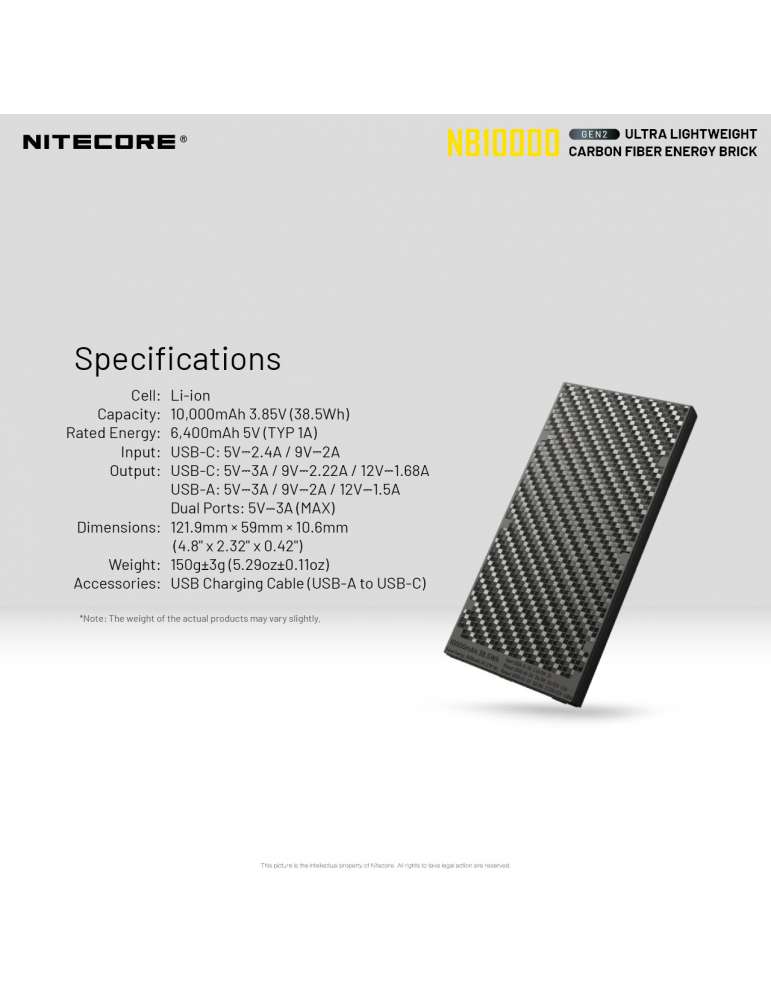 NB10000 GEN2 powerbank batterie 10000mAh ultra légère USB