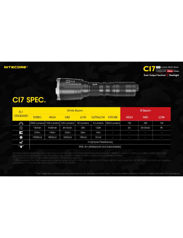 CI7 lampe infra rouge 7000mW et lumière blanche 2500LM