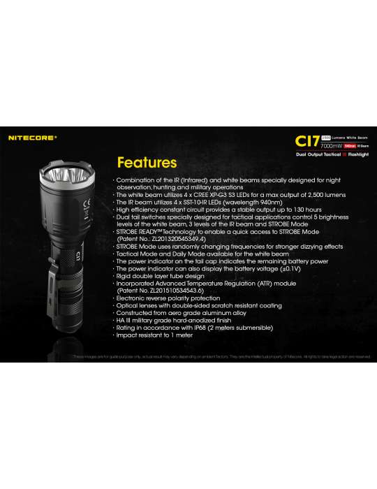 CI7 lampe infra rouge 7000mW et lumière blanche 2500LM