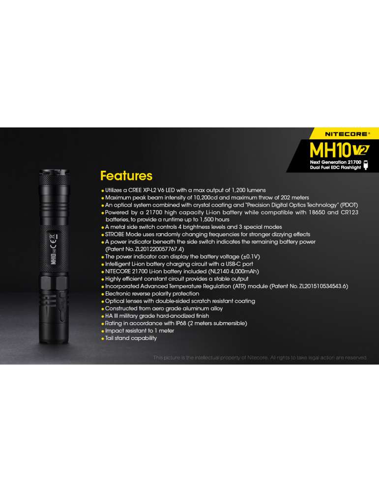 MH10V2 lampe torche 1200LM rechargeable USB