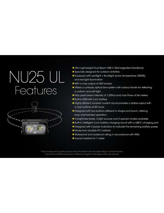 NU25UL ultra light headlamp 400LM secondary red LED