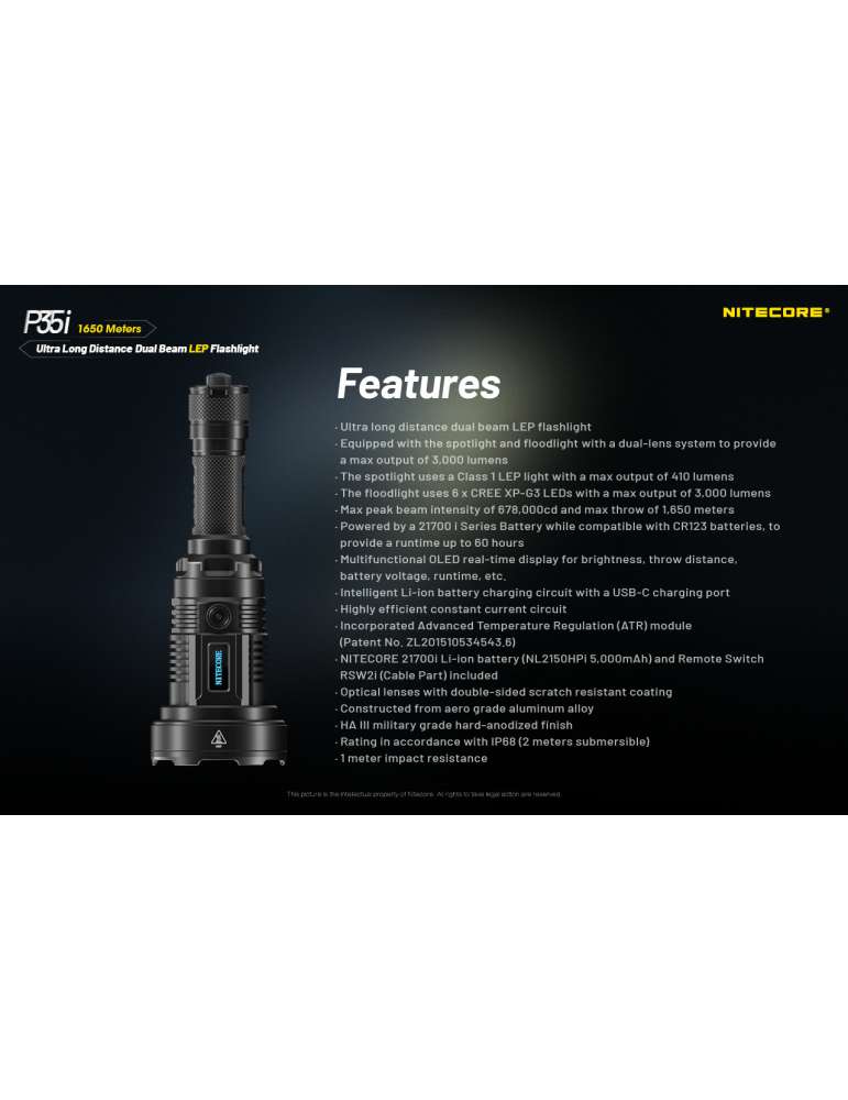 P35i lampe de recherche champ large 3000LM 1650m