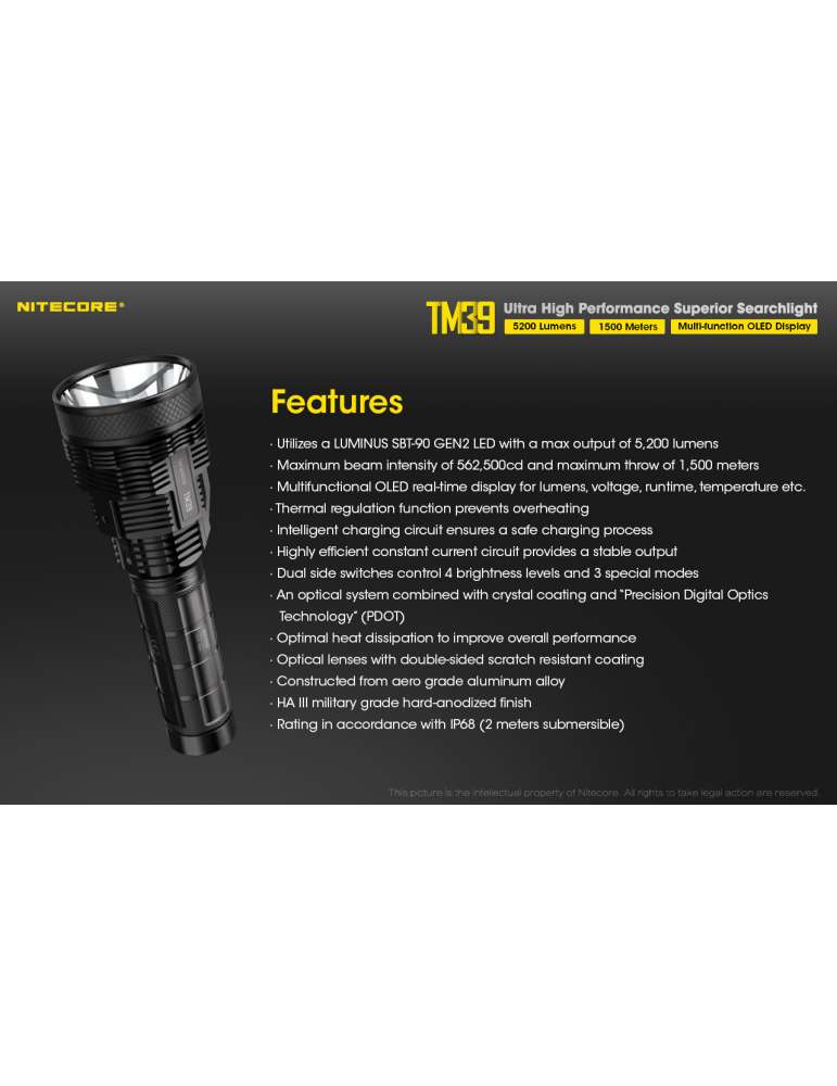 TM39 lampe torche 5200LM longue portée 1500m fixation tripod